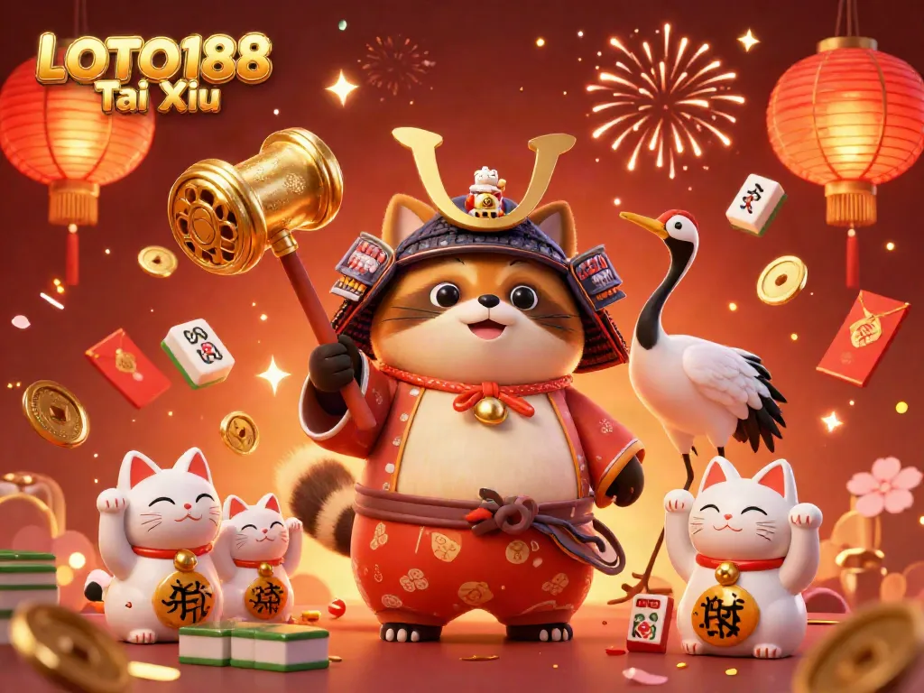 Engage with LOTO188 Tai Xiu as a tanuki in traditional attire celebrates amidst vibrant casino elements.