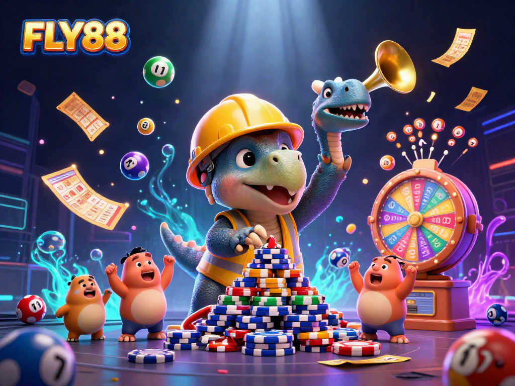 FLY88 celebrates gaming excitement as cartoon dinosaurs create poker chip towers, highlighting fun.