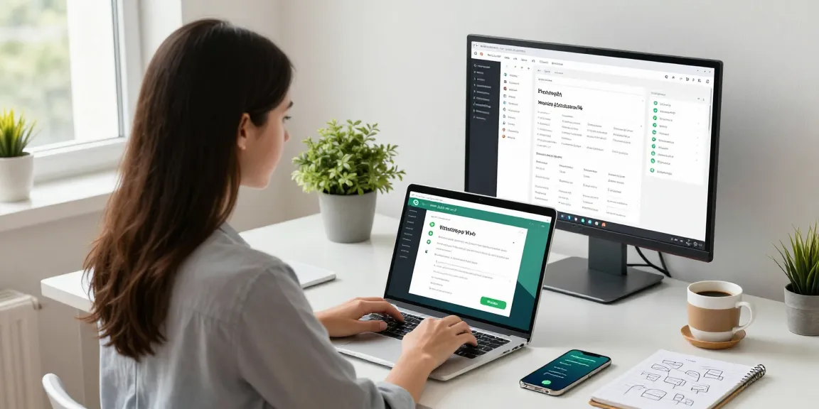 Professional woman using WhatsApp網頁版 on laptop in modern home office.