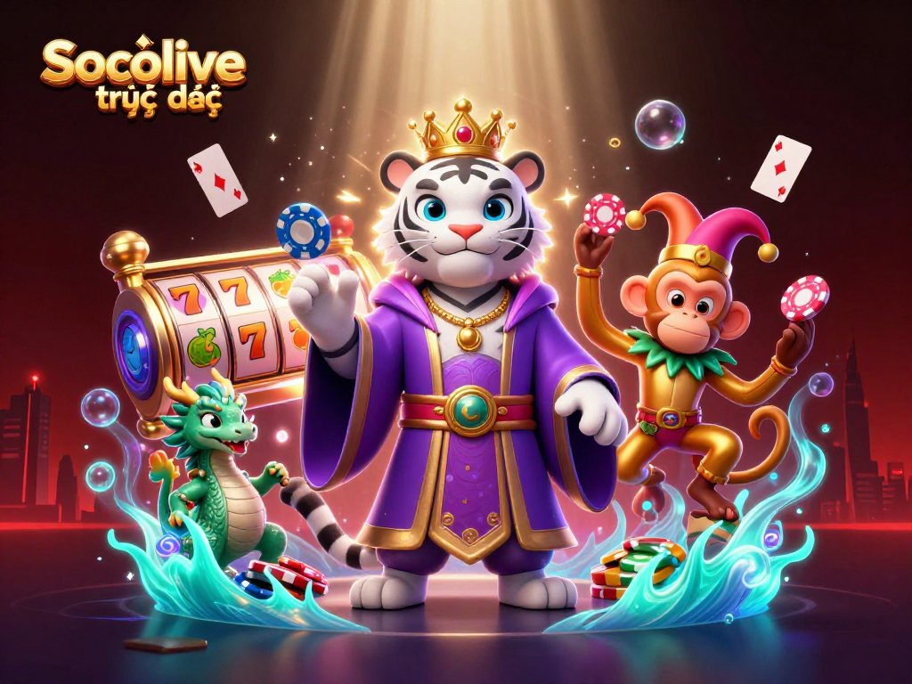 Experience the vibrant excitement of Socolive trực tiếp with playful characters and casino elements.