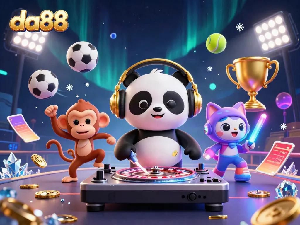 Engage with the excitement of da88 in this animated casino scene featuring a DJ panda and party elements.