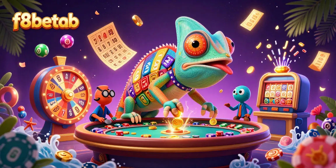 Engage with the vibrant gaming scene at f8betab featuring colorful lottery balls and a playful chameleon.