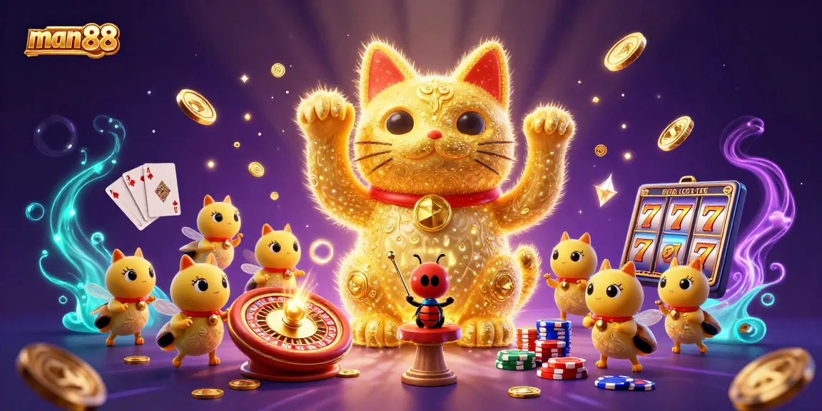 Experience man88's vibrant casino world with a glowing lucky cat and sparkling treasures.