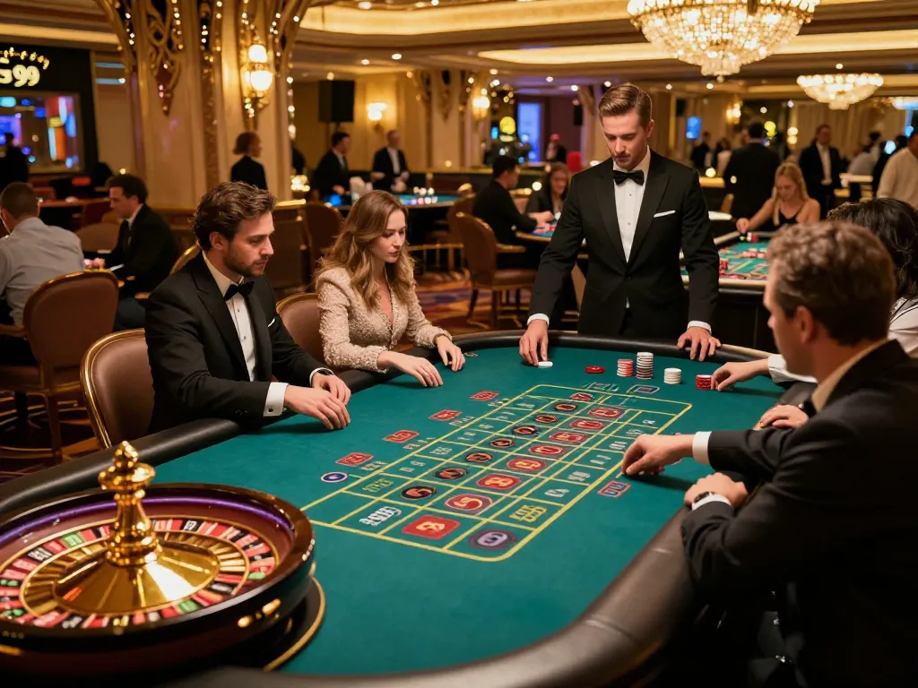 Players engage in thrilling roulette gameplay at Go99's luxurious casino, surrounded by vibrant decor and lively atmosphere.