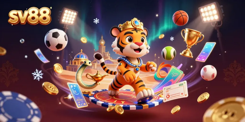 Experience thrilling wins at sv88 with a dynamic casino scene featuring a tiger sultan and flying sports elements.