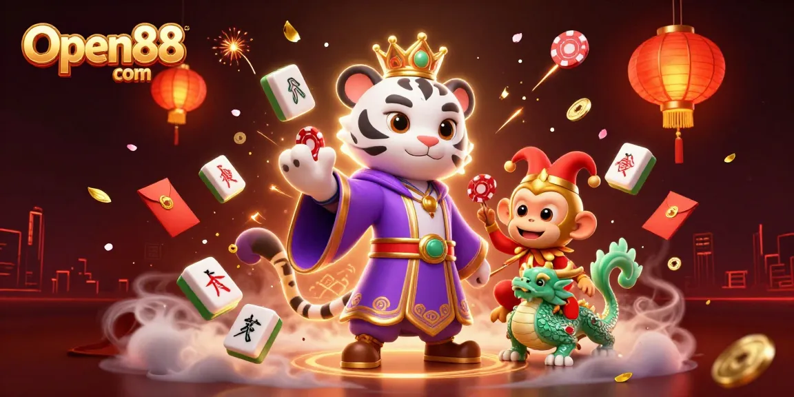 Experience the thrill of Open88 com with vibrant casino elements and characters in dynamic 3D illustration.