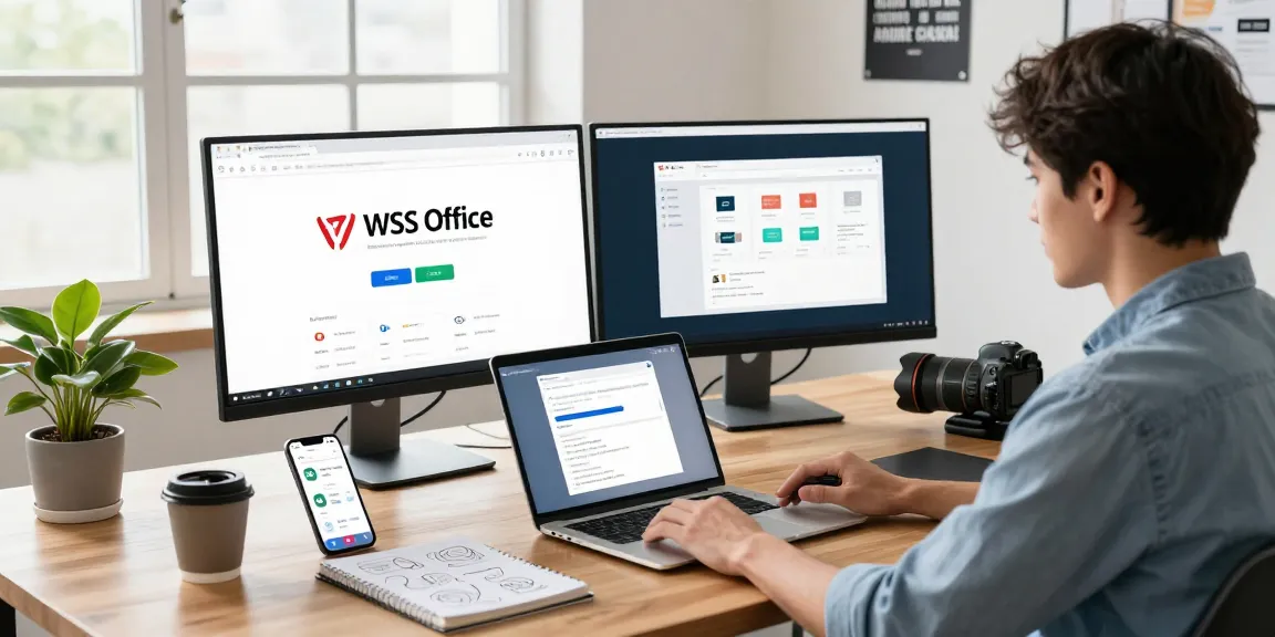 Efficient workspace with user downloading WPS Download on laptop and monitors.