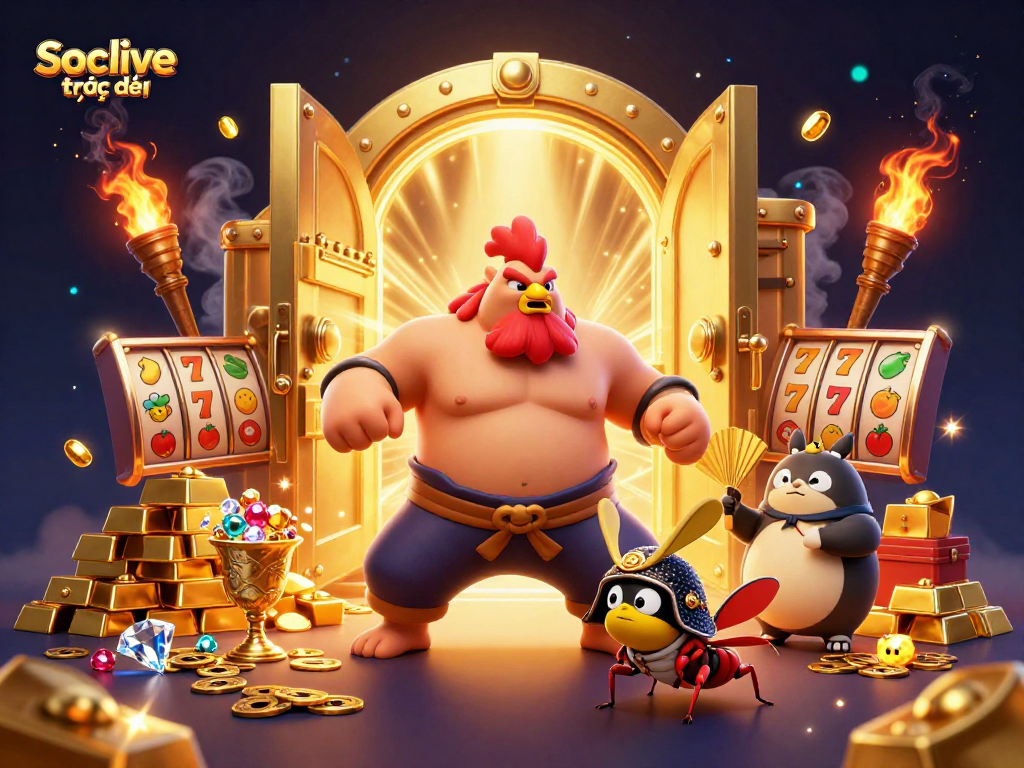 Socolive trực tiếp offers thrilling casino action; a powerful rooster and fierce cricket animated in a vibrant 3D scene.