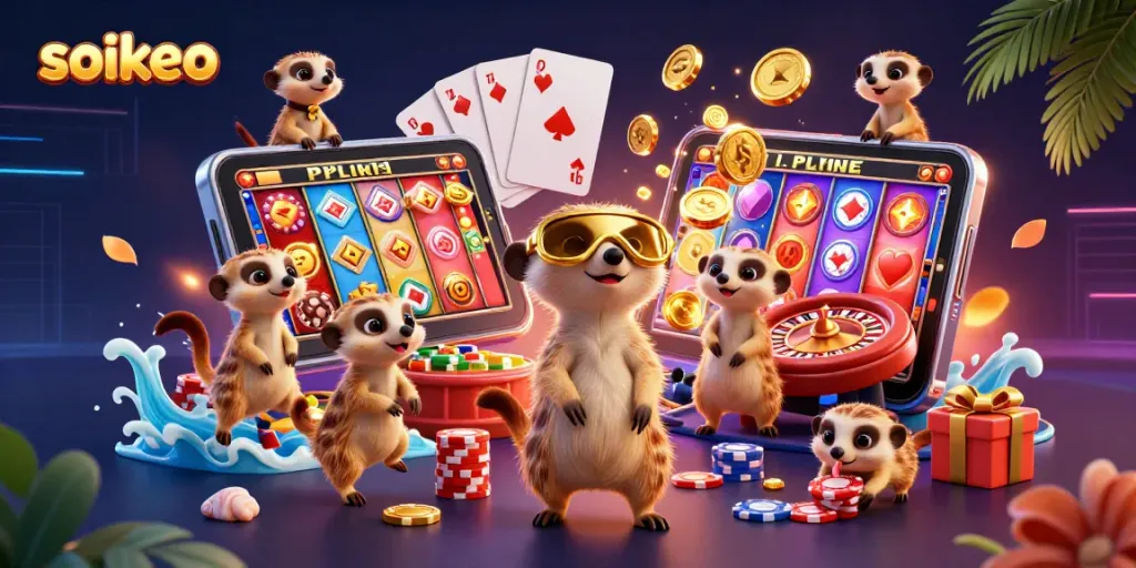 Engage with soikeo's thrilling casino atmosphere depicted in a vibrant 3D scene with meerkats.