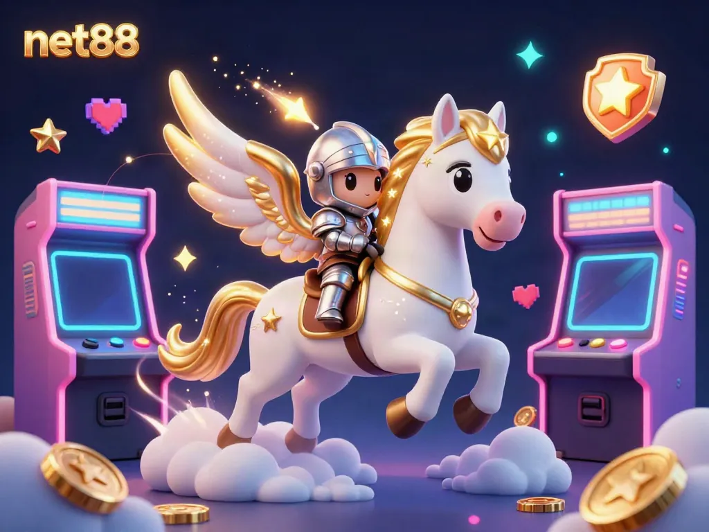 Experience the thrill of net88 with a magical 3D illustration of a celestial horse and knight, surrounded by dynamic gaming elements.