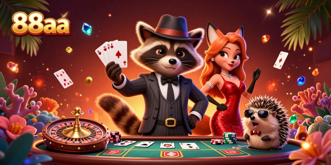 Experience dynamic gaming with 88aa, featuring a suave raccoon and fox in a vibrant casino scene.