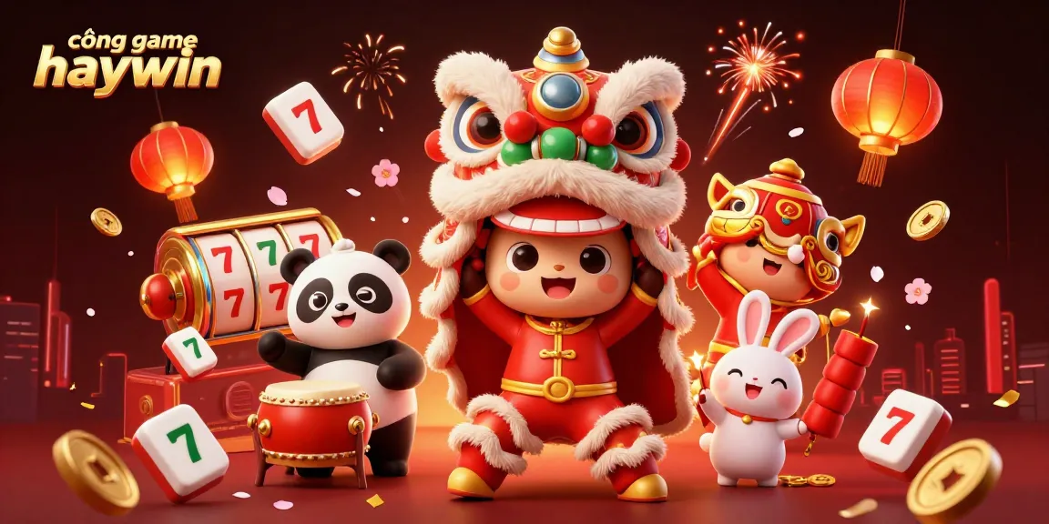 Experience excitement with cổng game haywin in a vibrant festive illustration filled with symbols of luck and fortune.