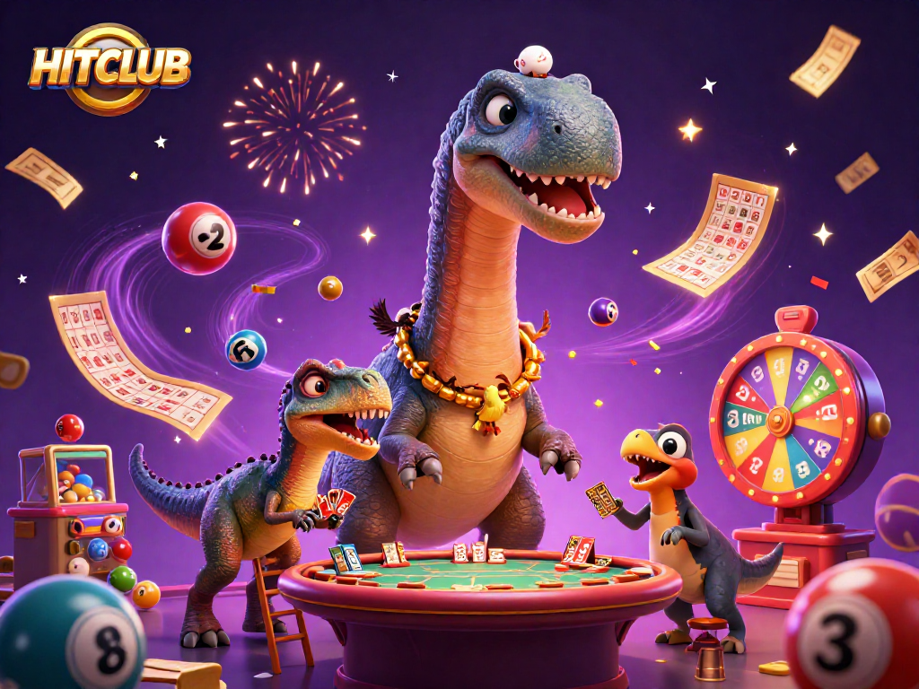 Experience gaming excitement at HITCLUB with a whimsical scene of a brontosaurus and clever raptor.