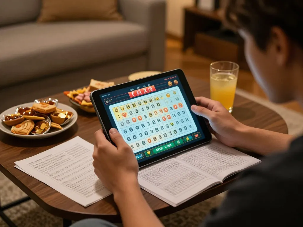 Player engaging with app tài xỉu online on tablet, surrounded by strategy notes, in cozy home setting