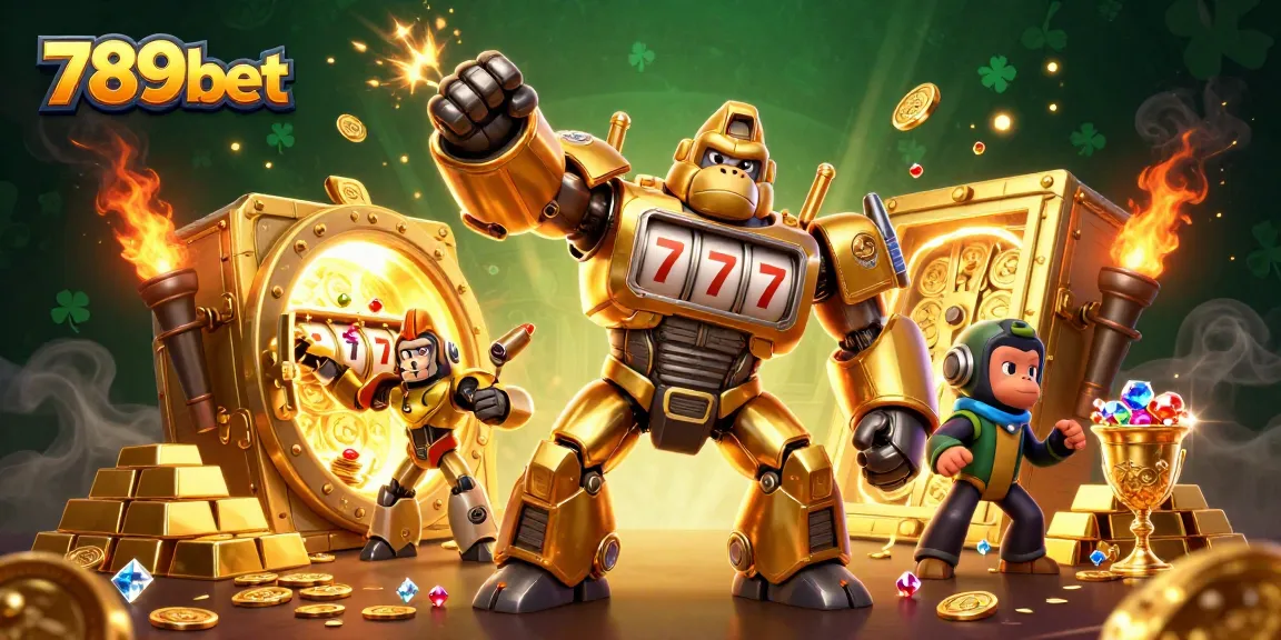 Khám phá thế giới của 789bet với hình ảnh robot gorilla bằng vàng, máy đánh bạc và kho báu lấp lánh.