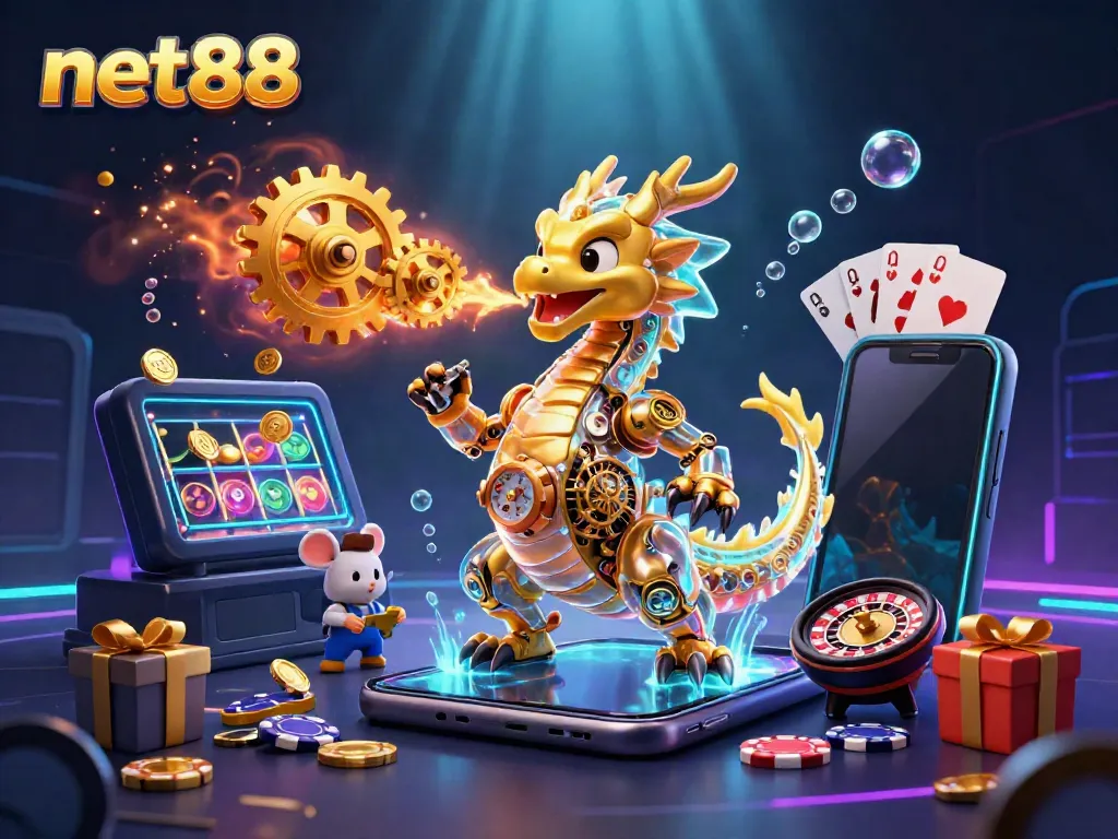 Experience thrilling slots with net88, featuring a dragon and vibrant gaming elements.