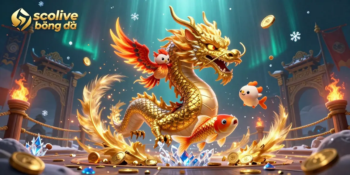 Socolive bóng đá showcases a powerful dragon with a phoenix, amidst a dynamic gambling scene with vibrant details.