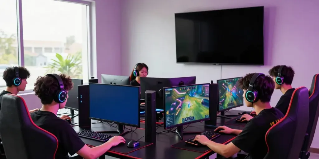 Energetic gaming setup at https://ku88vt.com/ with gamers engaging in esports competitions and vibrant tech.