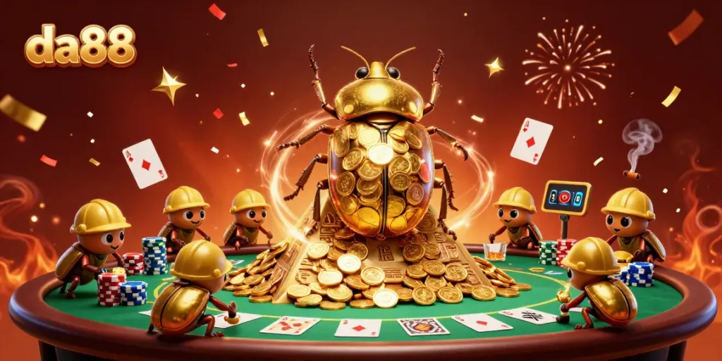 Interact with da88's casino fun through a playful illustration of gold coins and beetles!