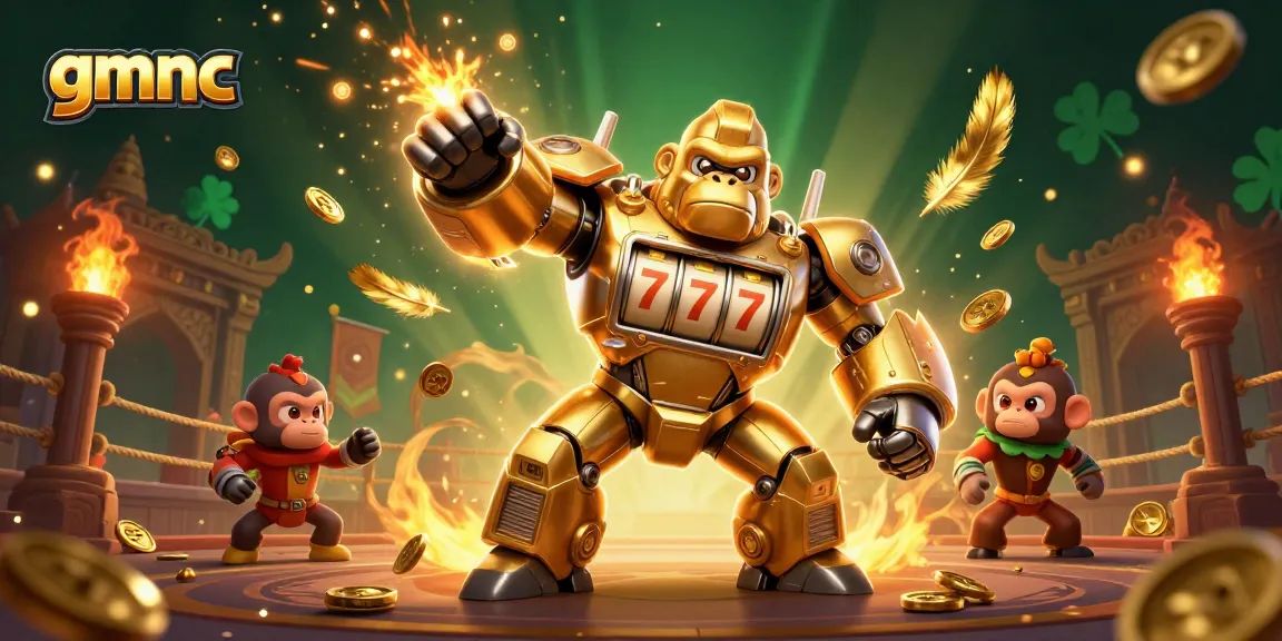 Experience thrilling casino adventures with gmnc's golden gorilla mech amidst dynamic gaming elements.