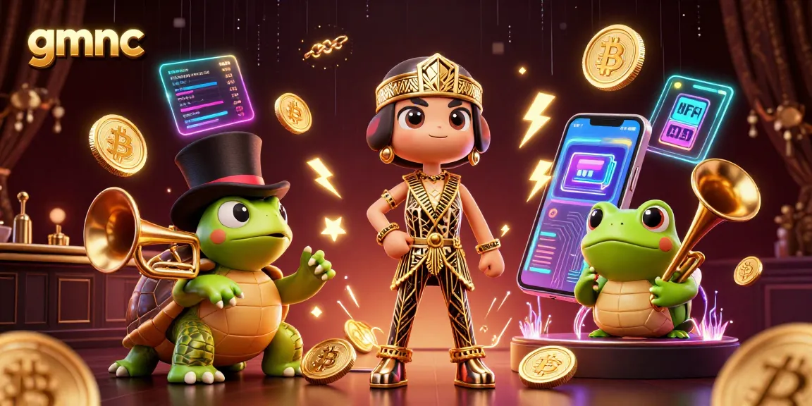 gmnc showcases a vibrant casino scene with playful characters and cryptocurrency elements.