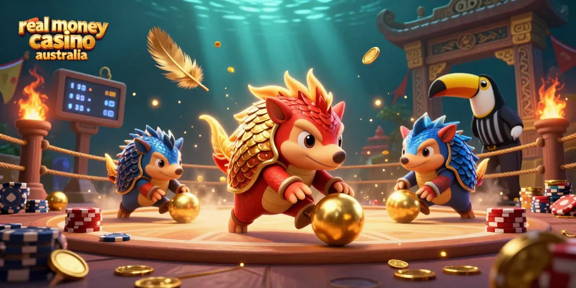 Experience the thrill at a real money casino Australia with pangolins bowling through poker chips in a vibrant animated scene.