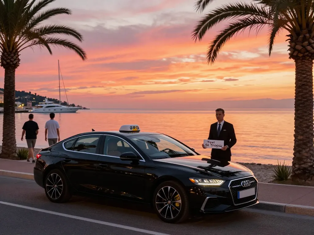 Taxis St Tropez avec un chauffeur professionnel au coucher du soleil près de la plage, mettant en avant un transport de luxe.
