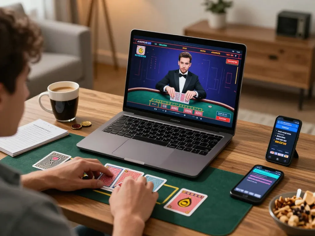 Player enjoying live dealer game at CM88 online casino with strategic notes and snacks.