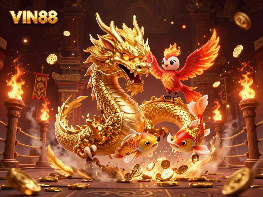 Experience the excitement of VIN88 with a fierce dragon, phoenix, and koi fish amidst gold coins.