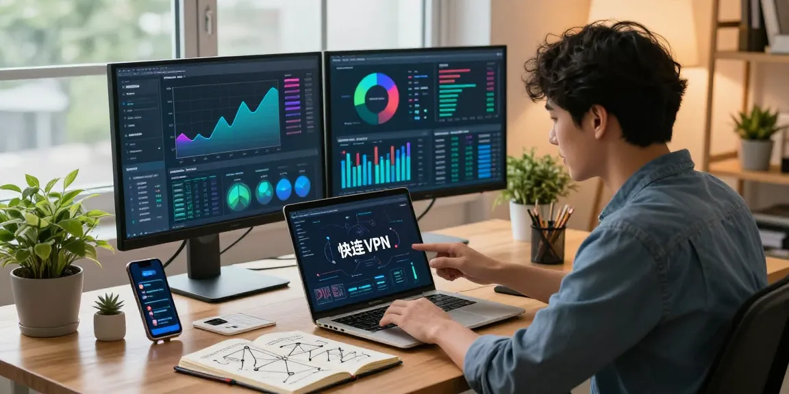 Seamlessly connecting to 快连 VPN in a modern home office, showcasing productivity and tech-savvy lifestyle.