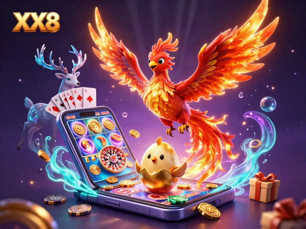 Win big with XX8 at this vibrant casino scene featuring a phoenix and golden gaming elements.