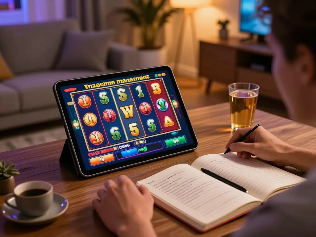 Engaging with jus77 slot game on a tablet, showcasing dynamic spinning reels and cozy gaming atmosphere.