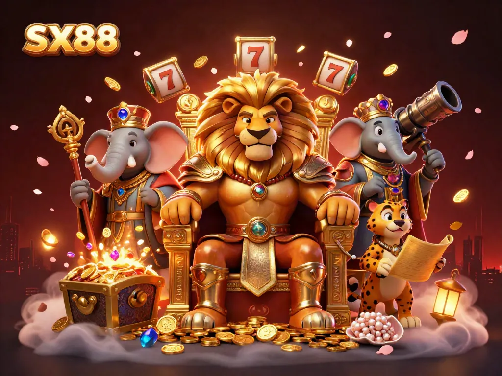 Experience the royal thrill of SX88 with a lion king on a gold throne, dynamic casino elements around