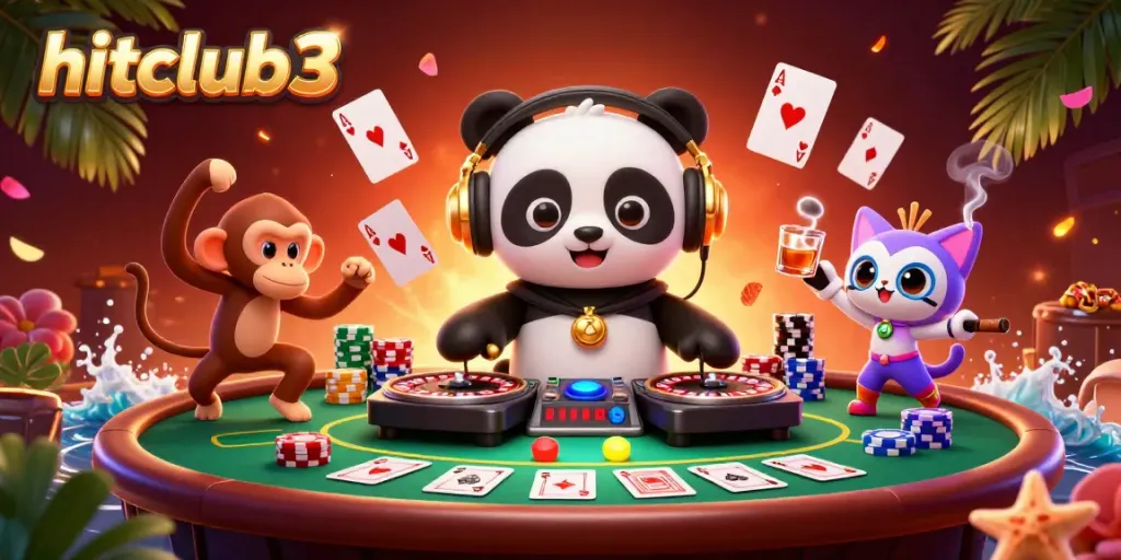 Experience the vibrant scene of hitclub3 with a DJ panda and dynamic casino gaming elements.
