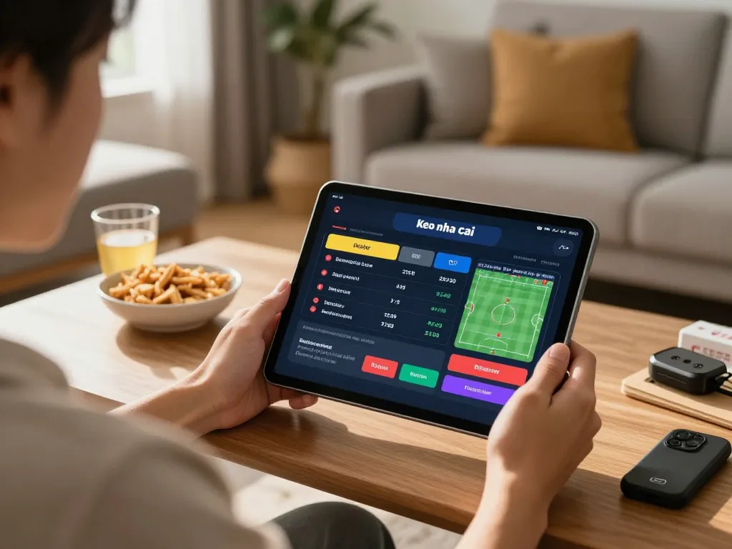 Engaging in online betting with Keo nha cai odds displayed on tablet in a cozy home setting.