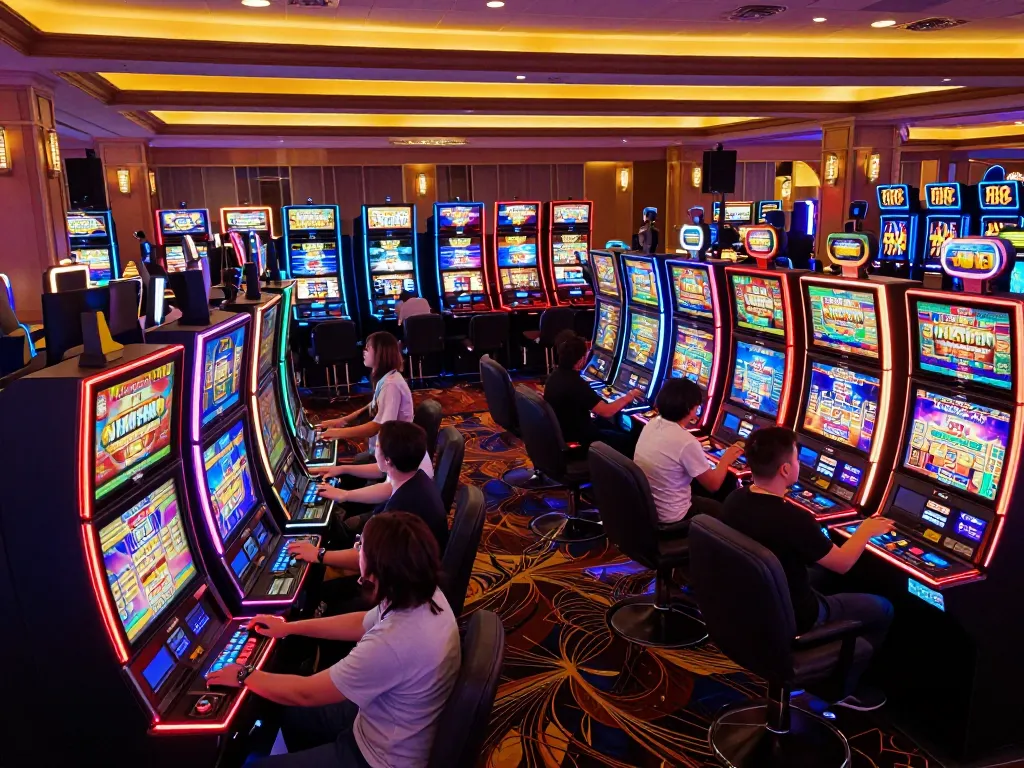 Players enjoying the excitement of slot machines at MM 88 Casino, capturing vibrant atmosphere.