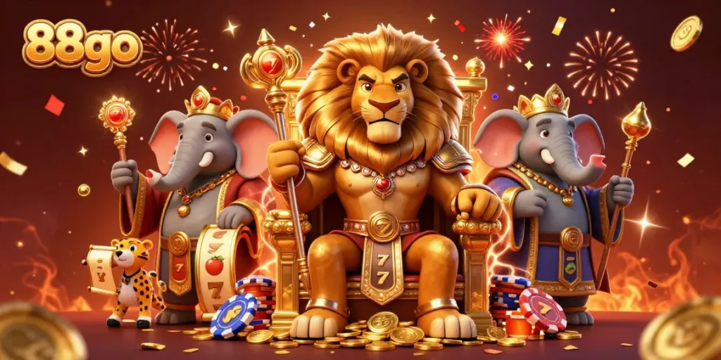 Experience thrilling wins with 88go's fierce lion king flanked by advisors in a vibrant casino scene.