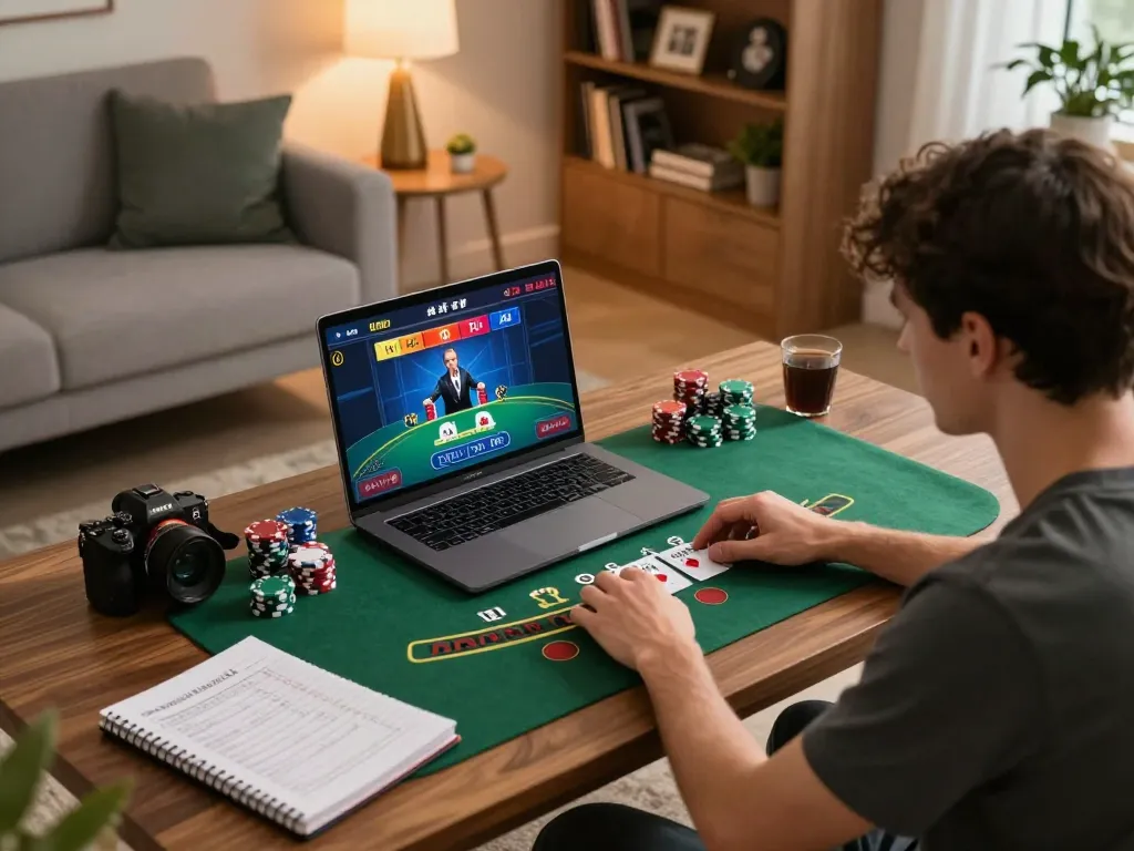 Engaging online blackjack gameplay with Jun88 Official, cozy home setting showcases relaxed gambling.