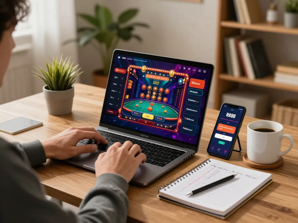 Player engaging with the RR88 online casino on a laptop at home, surrounded by strategic notes and cozy decor.