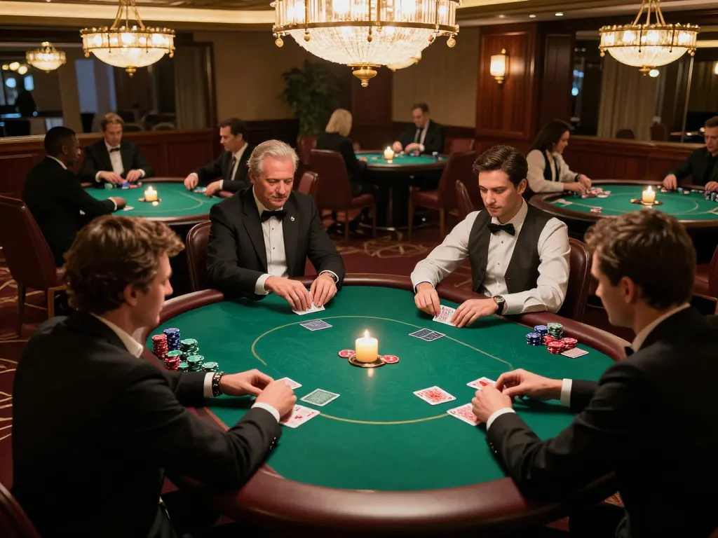 RR88 players strategizing at an upscale poker table in luxury casino ambiance.
