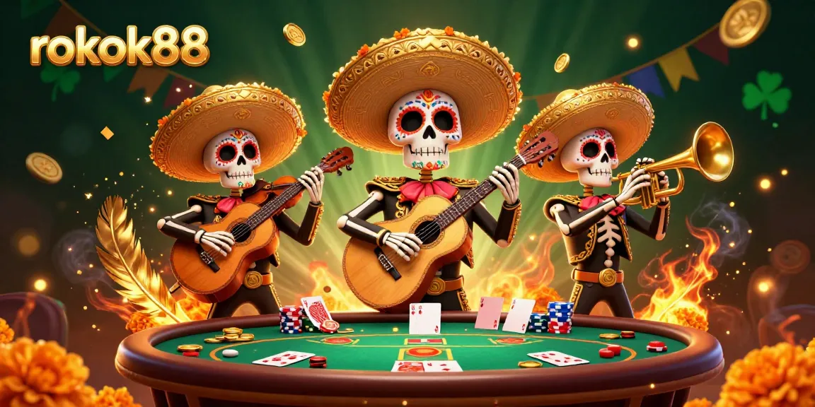 Engage in exciting poker action at rokok88 with animated mariachi characters, vibrant colors, and dynamic casino elements.