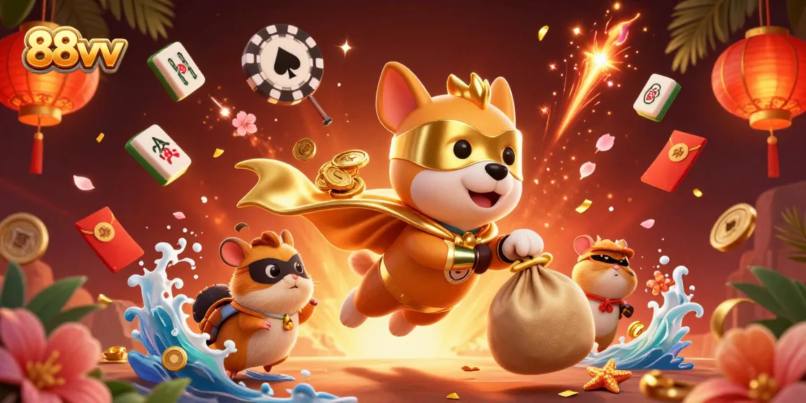 Experience thrilling wins at 88vv with our dynamic gaming adventure, featuring playful characters and vibrant casino elements.